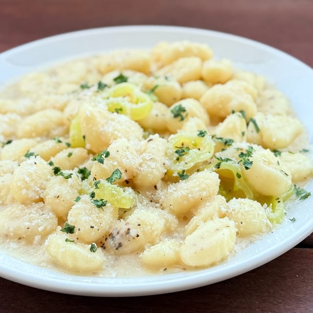 Gnocchi Mac & Cheese with Banana Peppers.